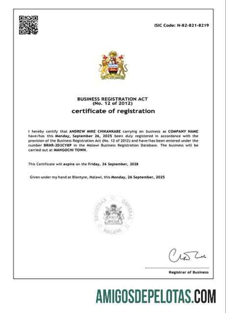 Certificado de registro do Malawi para impressão, modelo Word e PDF